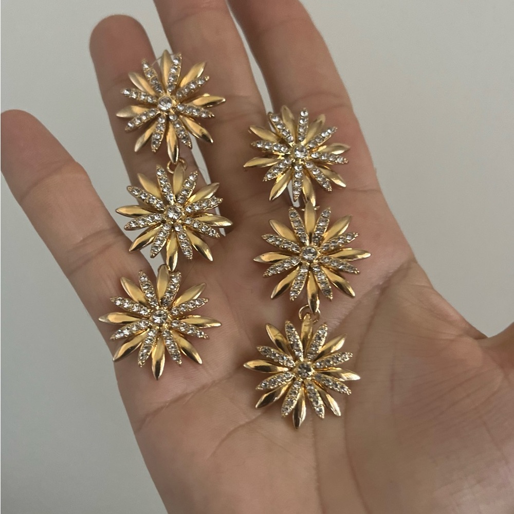 SHASHI Gold and Clear Crystal Floral Drop Earrings
